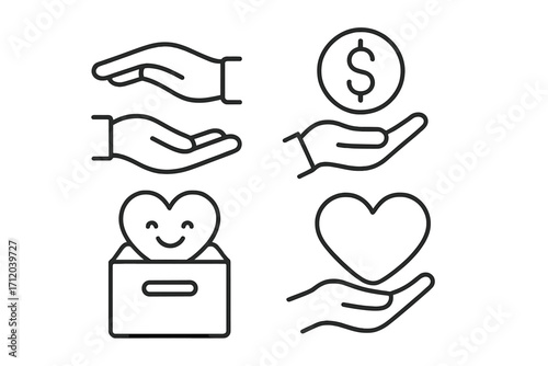 Charity and donation thin line icon set. Vector symbols for giving, support, love, and help. Hand holding money coin and heart. Philanthropy, fundraising, and volunteering concept.