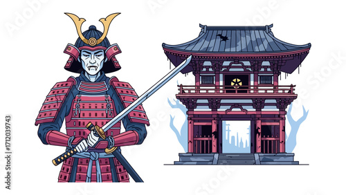 Samurai Warrior by Japanese Temple: A stoic Samurai warrior stands guard, holding a katana blade against a vibrant Japanese temple, encapsulating the essence of honor.