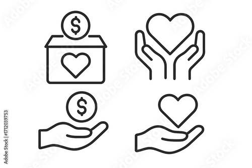 Donation and charity icon set. Vector line art of giving money and love. Hands holding a heart and a coin. Fundraising, support, and volunteering concept for non-profit aid.