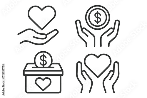 Donation and charity icon set. Line art symbols for giving, love, care, support. Hand holding heart, money coin, fundraising box. Concept for nonprofit aid, volunteering, financial help.