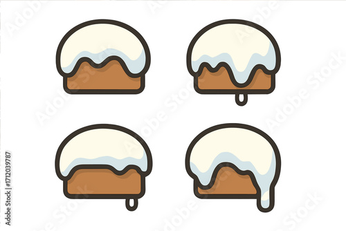 Snowball cake icon set with melting frosting. Vector cartoon illustration of sweet pastry bun with dripping white icing glaze. Simple flat design dessert food symbols collection.
