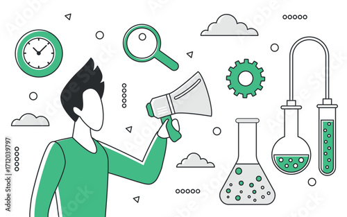 Modern green monocolor design showing a person with megaphone, lab equipment, clock, and gear, representing science innovation and communication, isolated on white background vector illustration