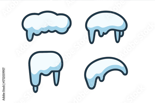 Snow cap icon set. Flat style vector cartoon illustration. Winter snowdrift and icicles element collection for decoration. Frozen cold weather symbols. Blue snow pile design elements.