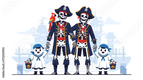 Pirate's Gathering: A fantastical depiction of a skeletal pirate family, adorned in classic garb, stands together in front of a stylized backdrop, a playful nod to the spooky season.
