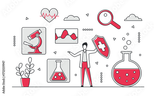 Medical professional surrounded by scientific icons, lab equipment, and health symbols, representing innovation and research in medicine, science, and healthcare isolated vector illustration