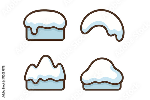 Cartoon snow caps collection. Vector flat icon set of snowdrifts. Winter decoration elements. Ice cap pile for christmas design. Frozen roof effect. Isolated illustration.