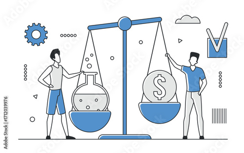 Two people weigh a laboratory flask and a dollar sign on scales, symbolizing the balance between scientific research and pharmaceutical funding, isolated on white background vector illustration