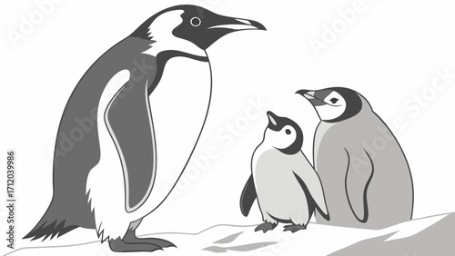 Penguin Family Adult and Two Chicks Wildlife Illustration Monochrome Design.