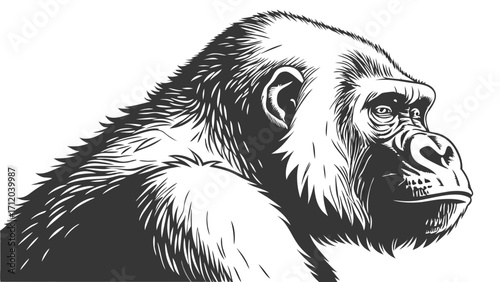 Black and white illustration of a gorilla head.