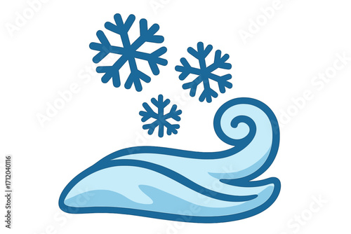 Winter wind blowing snowflakes. Cold weather blizzard icon. Vector cartoon illustration for seasonal design. Frosty nature climate symbol. Flat style graphic element.