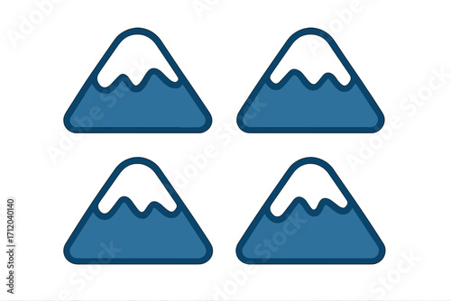 Set of blue mountain icons with snow caps. Flat style vector cartoon illustration. Symbol for winter, nature, adventure, travel, hiking, and alpine concepts. Peak logo.