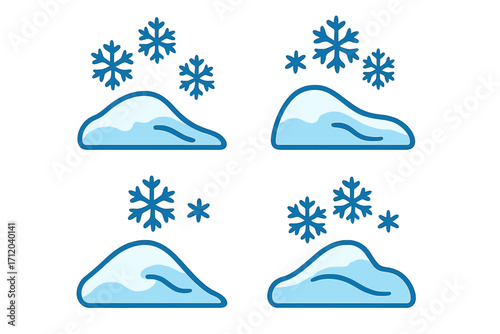 Snow cap and snowflake symbol set. Flat design vector cartoon illustration. Winter weather, cold season, frost, and blizzard icon collection. Blue snowdrift pile elements.