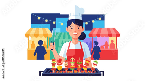 Street Food Vendor's Culinary Craftsmanship: A skilled vendor, adorned in a chef's hat and apron, prepares delectable skewers at a vibrant street food market, embodying the heart of culinary artistry.