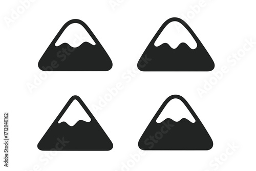 Mountain icon set. Snow cap peak symbol collection. Simple flat vector graphic. Black silhouette of a mountain summit with ice. Logo element for outdoor, travel, adventure.