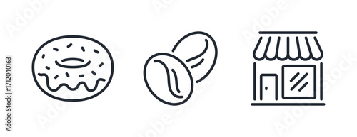 Donut, coffee beans, and cafe terrace editable stroke outline icons isolated on white background flat vector illustration. Pixel perfect. 64 x 64.
