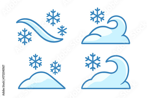 Snow drift and blizzard icon set. Winter weather symbols. Blowing wind, snowflakes, snowcaps. Cold season. Flat cartoon vector illustration. Freeze, frost, nature elements.
