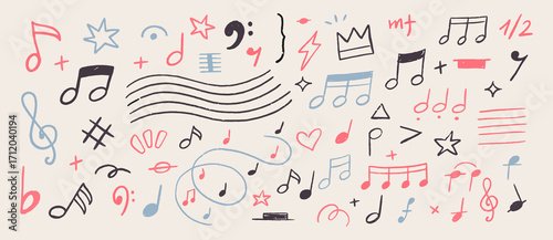 Music notes hand drawn doodle vector illustration set. Freehand sketch melody symbol elements