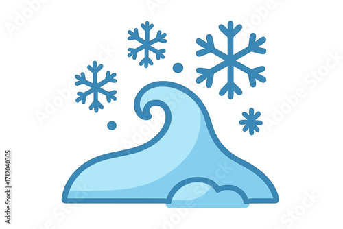 Snow drift icon with falling snowflakes. Winter weather symbol in flat cartoon style. Cold season blizzard vector illustration. Blue snowdrift pile isolated on a transparent background.
