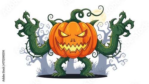 Halloween Pumpkin Monster: A menacing yet captivating pumpkin monster with intricately designed features, embodying the spirit of spooky autumn festivities against the backdrop of a shadowy forest.