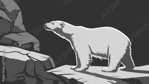 Polar Bear on Ice Arctic Animal Illustration Monochrome Wildlife Design.