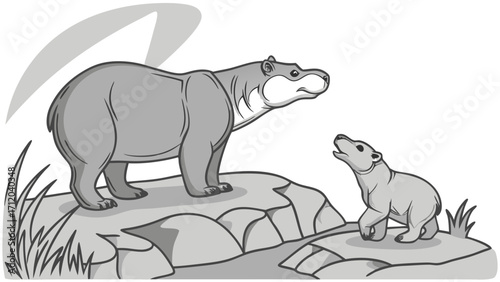 Cartoon illustration of a hippopotamus and a cub on rocks by a river.