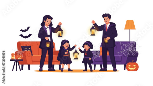 Halloween Family Gathering: A family, dressed in Halloween attire, carries lanterns, creating a festive and spooky atmosphere with decor around them