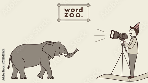 Cartoon illustration of a photographer taking a picture of an elephant.