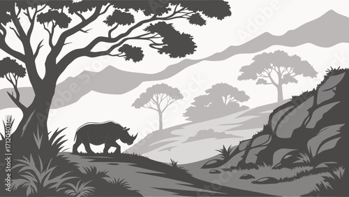 Rhino in a mountainous landscape grayscale illustration wildlife art nature scene safari theme vector graphic.