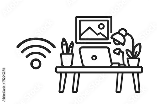 Workspace line icon for remote work or home office. Freelancer desk with laptop computer, wifi symbol and lamp. Modern workplace concept. Business vector illustration.