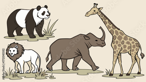 Cartoon illustration of a panda lion rhino and giraffe.