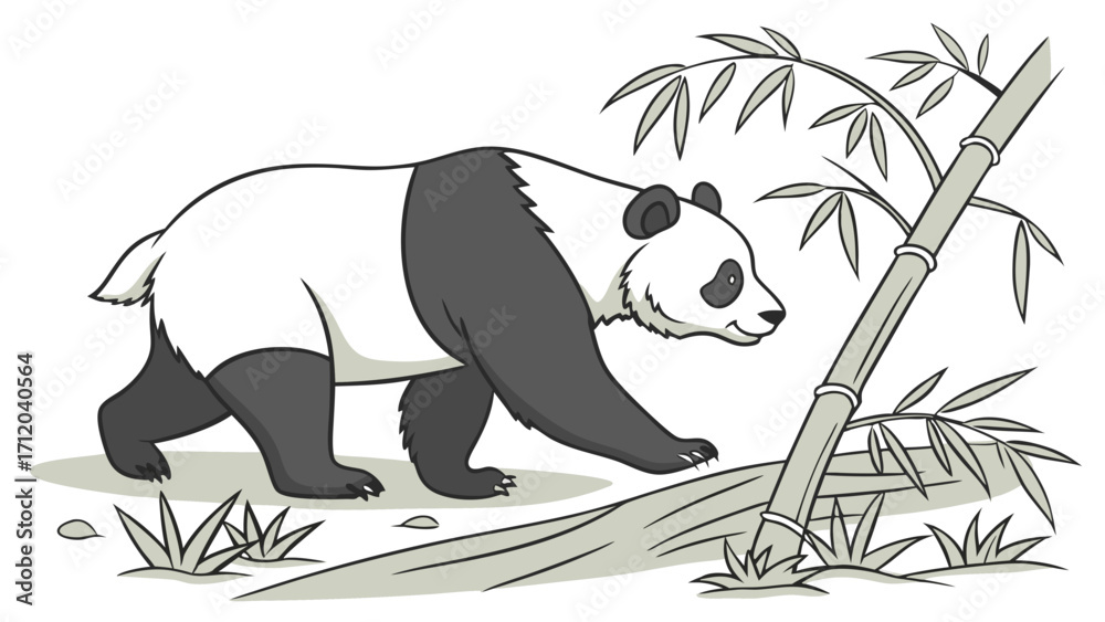 Naklejka premium Cartoon Panda Bear Walking Near Bamboo Illustration.