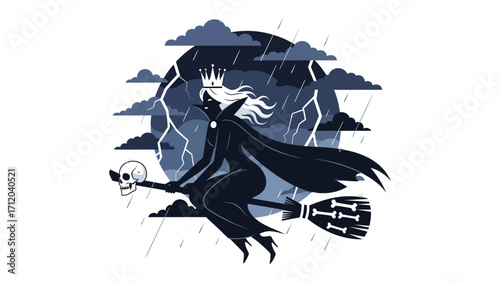 Witch on Broom Illustration: A captivating illustration portrays a witch, silhouetted against a stormy backdrop, riding a broomstick, embodying the mystery and magic of fantasy.