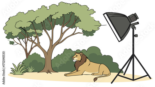 Cartoon lion in a jungle setting under a studio light.