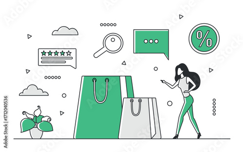 Modern green monocolor seasonal sale concept with shopping bags, discount symbol, customer review, and woman shopping, isolated on white background vector illustration