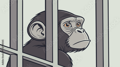 Sad primate behind bars captive animal illustration zoo animal conservation endangered species wildlife animal rights vector art.