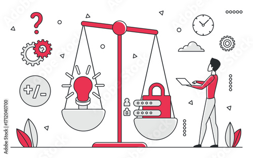 Businessman weighing ideas and cybersecurity on scales, highlighting the balance between innovation and data protection in technology, isolated on white background vector illustration