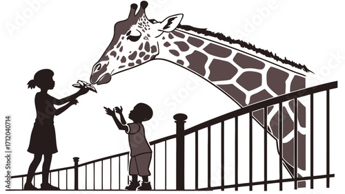 Children feeding a giraffe at a zoo enclosure vector illustration.