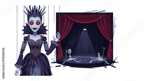 Sinister puppet show: A haunting scene unfolds, featuring a gothic puppet with piercing red eyes, and a small skeleton puppet on the broken stage. capturing a theatrical and mysterious feel.