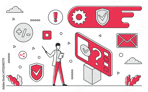 Cybersecurity and data protection concept with shield, checkmark, email, and alert icons in red monocolor style, ideal for web safety and secure communication vector illustration