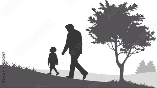 Silhouette of an adult and child walking together in a park nature scene illustration.