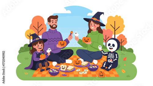 Halloween Picnic: A joyous family, adorned in festive costumes, partakes in a whimsical picnic amidst vibrant autumn foliage, sharing treats and delight in the spirit of Halloween.