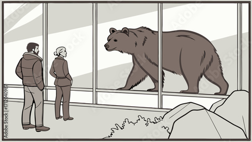 Couple Observing a Large Brown Bear Behind Glass Enclosure.