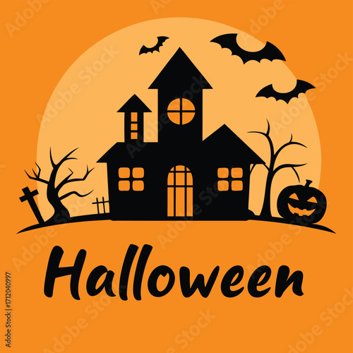 Vector art of spooky halloween haunted house silhouette with bats, pumpkin, and graveyard against a large full moon on an orange background
