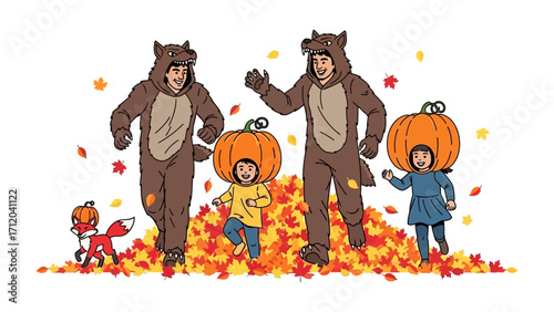 Fall Festivities: Two parents and their children revel in the autumn spirit, dressed in delightful costumes and surrounded by colorful foliage.