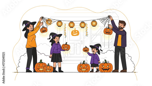Halloween Decoration: A family collaborates, decorating the home for Halloween with charming jack-o'-lanterns, festive witch hats, and spider webs, creating a sense of anticipation and shared fun.