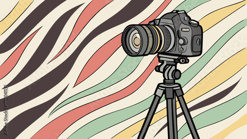 DSLR Camera on Tripod Abstract Swirl Background Photography Equipment Illustration.