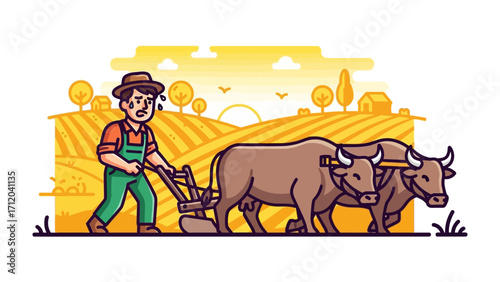 The Farmer's Labor: An illustration of a farmer in a straw hat, diligently plowing the golden fields, accompanied by a pair of strong oxen, capturing the essence of rural toil.