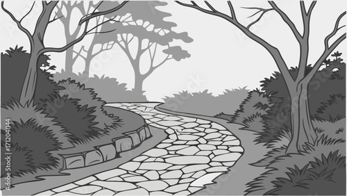 Stone Path Winding Through a Wooded Area Monochrome Illustration Nature Scene Graphic Design Element.