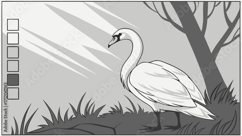 Elegant Swan in Monochrome Nature Scene Coloring Page Illustration.