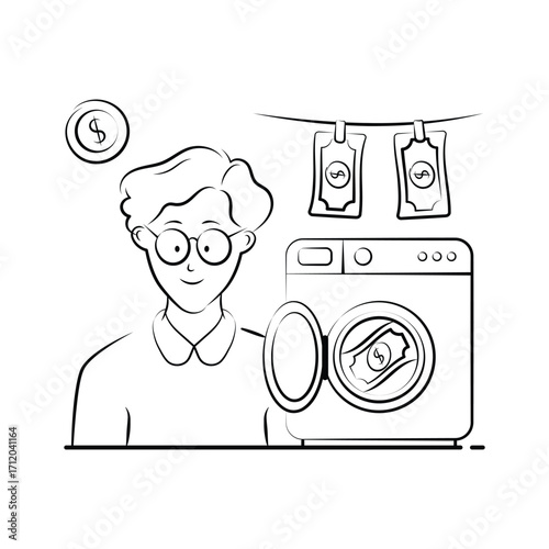 Money Laundering Illustration with Washing Machine and Illegal Finance